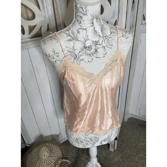 Vintage 1980s DEl Rio Peach Orange Lingerie Tank Satin & Lace Small / Medium - Picture 1 of 6